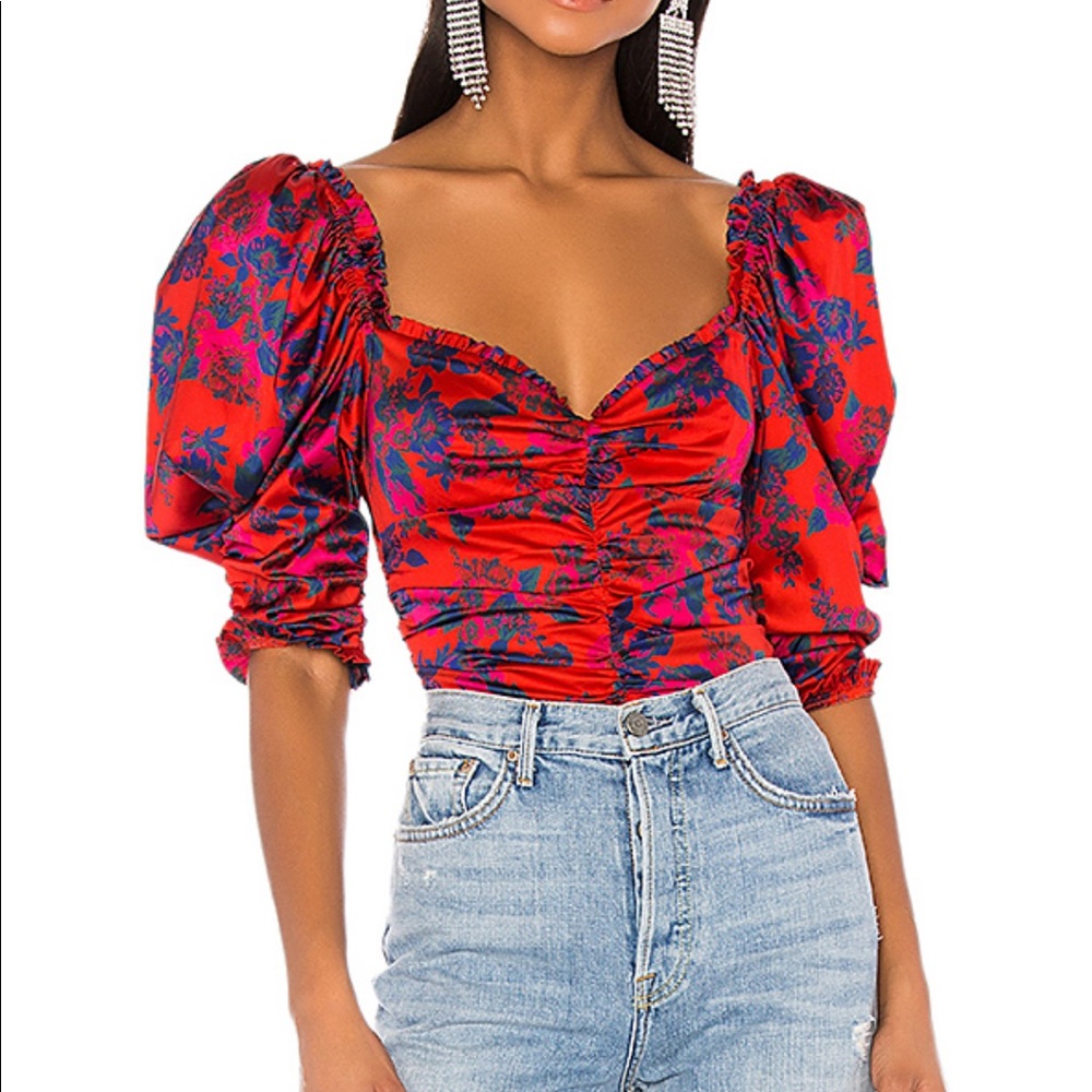 For Love & Lemons Red Monet Satin Floral Puff Sleeve Ruched Bodysuit M